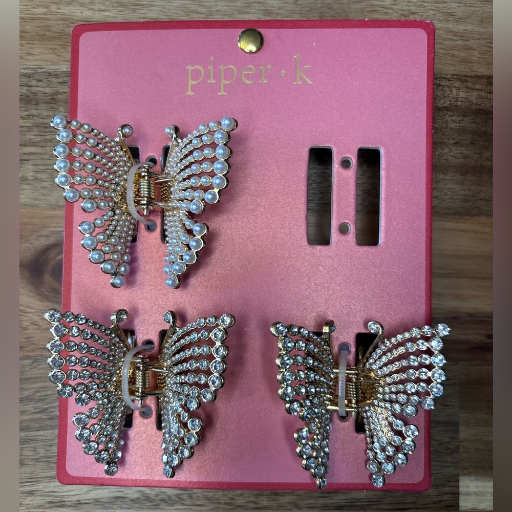 NEW SET OF 3 SPARKLING PEARL AND RHINESTONE BUTTERFLY Piper K Hair Clips Y2K